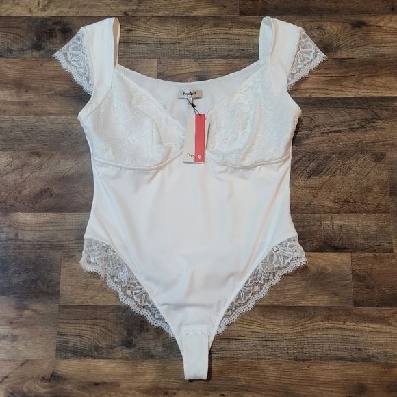 Popilush White Lace Cap Sleeve V Neck Shapewear Tummy Control Bodysuit Size XXL - Picture 5 of 11